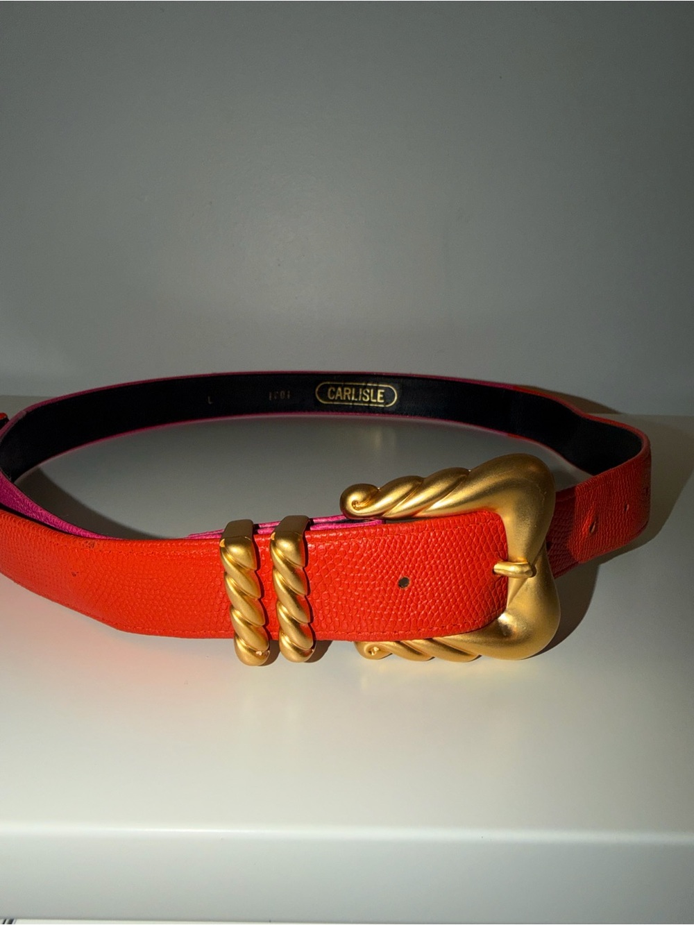 Vtg Carlisle Two Tone Fushia Orange Leather Belt With Gold-Tone Buckle, Sz Lg
